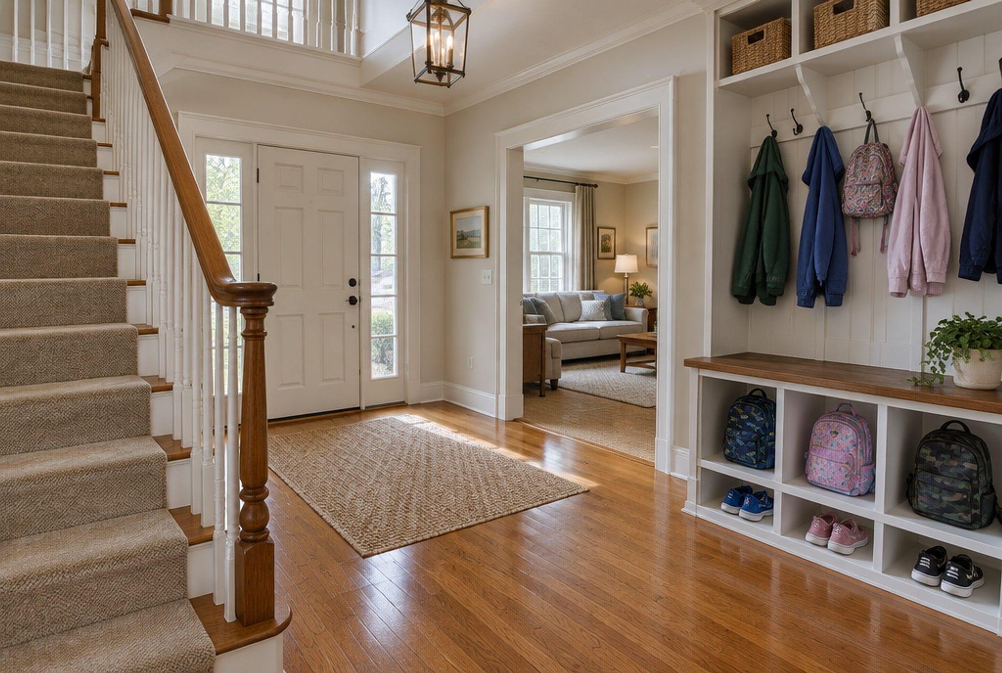 A freshly cleaned entry hall with a carpeted staircase and a tidy mudroom