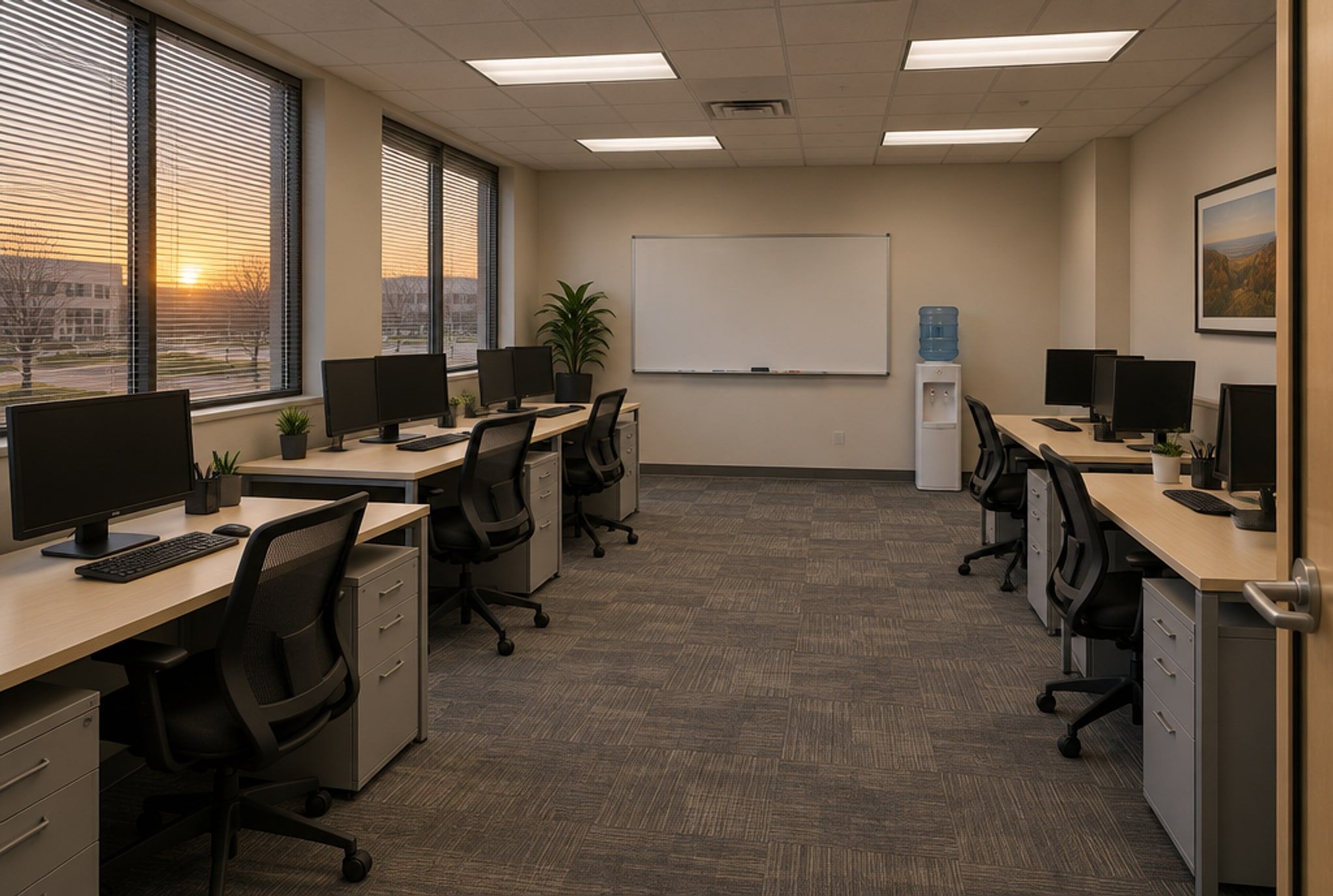 A clean, quiet suburban office with desks and evening light through the blinds